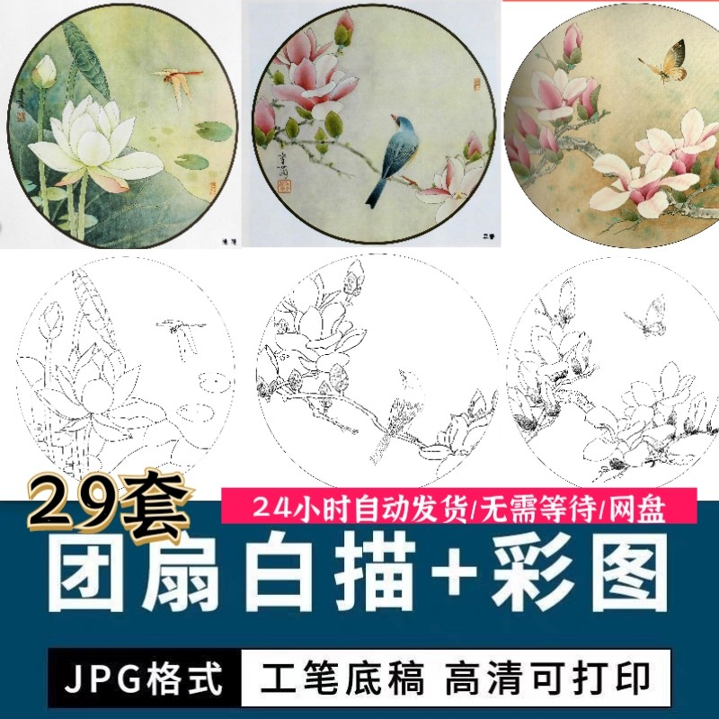 工笔花鸟白描国画团扇线描底稿彩图临摹参考电子版高清图片素材库-88资料库
